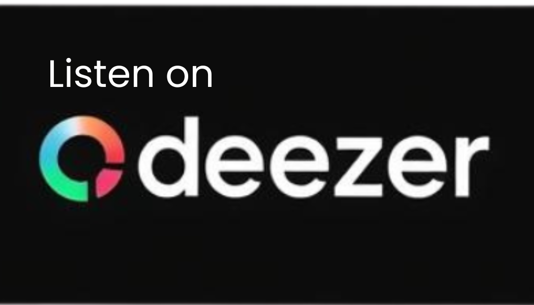 Promotional image featuring the text 'Listen on' with the Deezer logo on a black background.