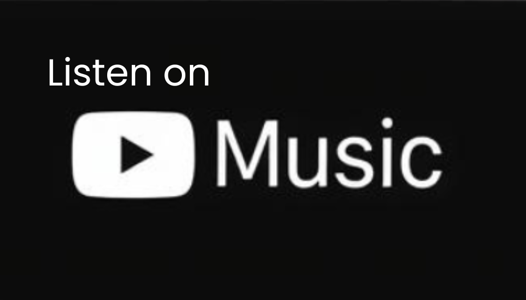Logo prompting to listen on YouTube Music with a play button graphic and a black background.