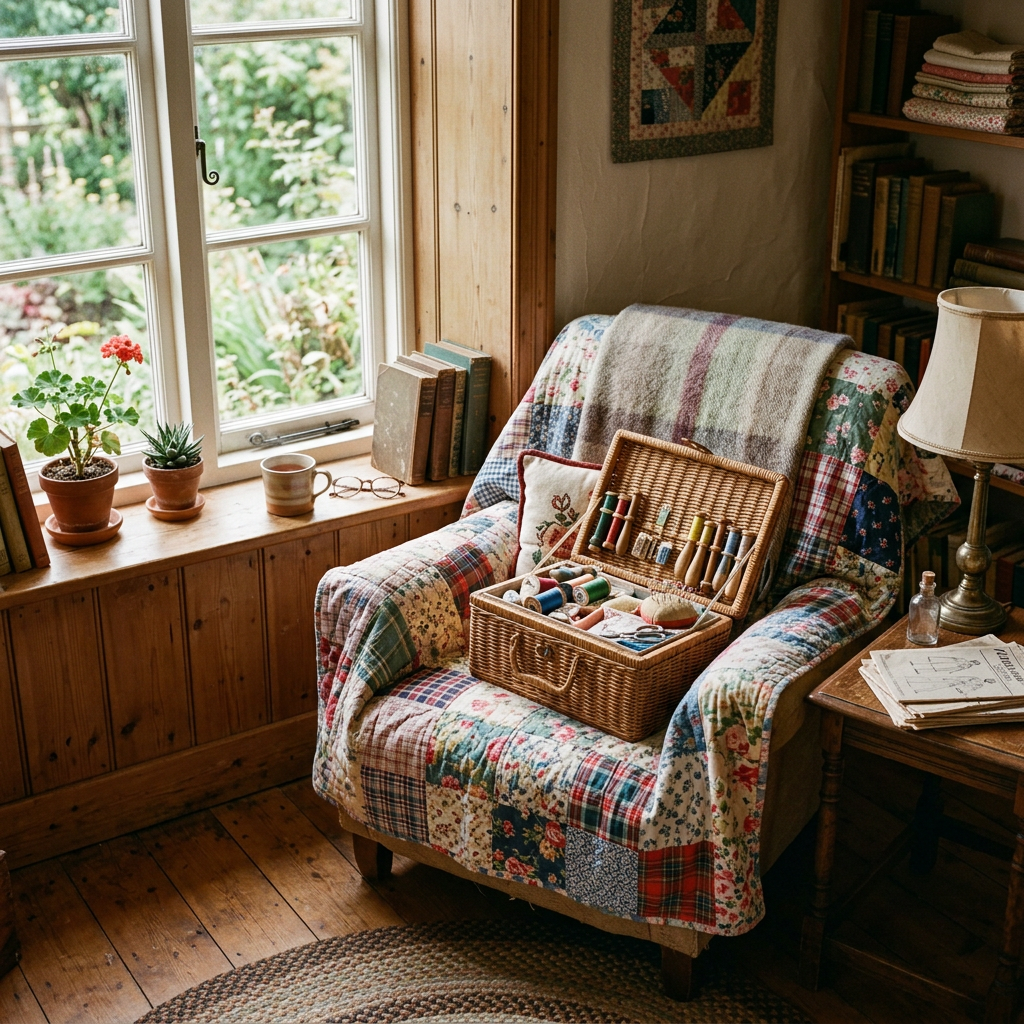 Armchair with patchwork quilt and open sewing basket filled with threads and sewing tools