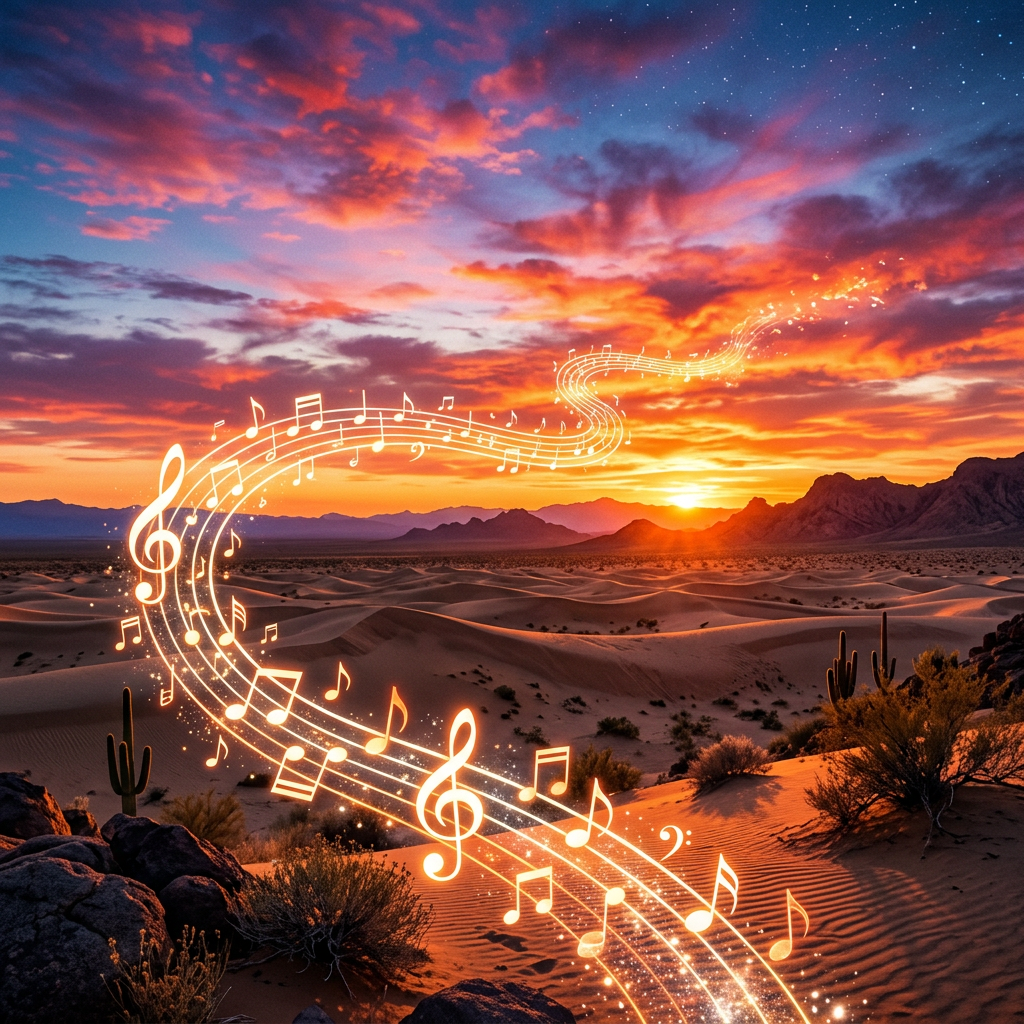 Desert landscape at sunset with glowing musical notes flowing through the air