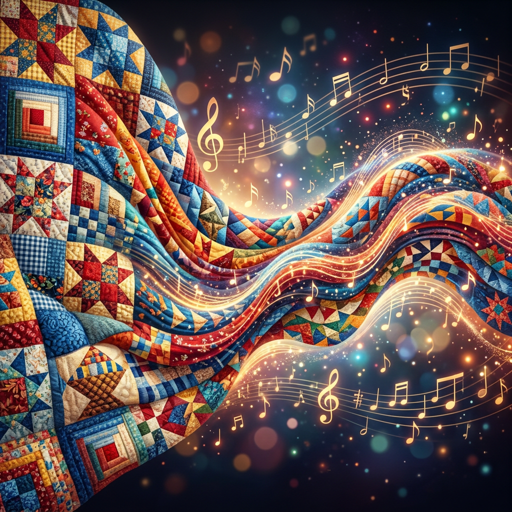 Colorful patchwork quilt with swirling glowing musical notes