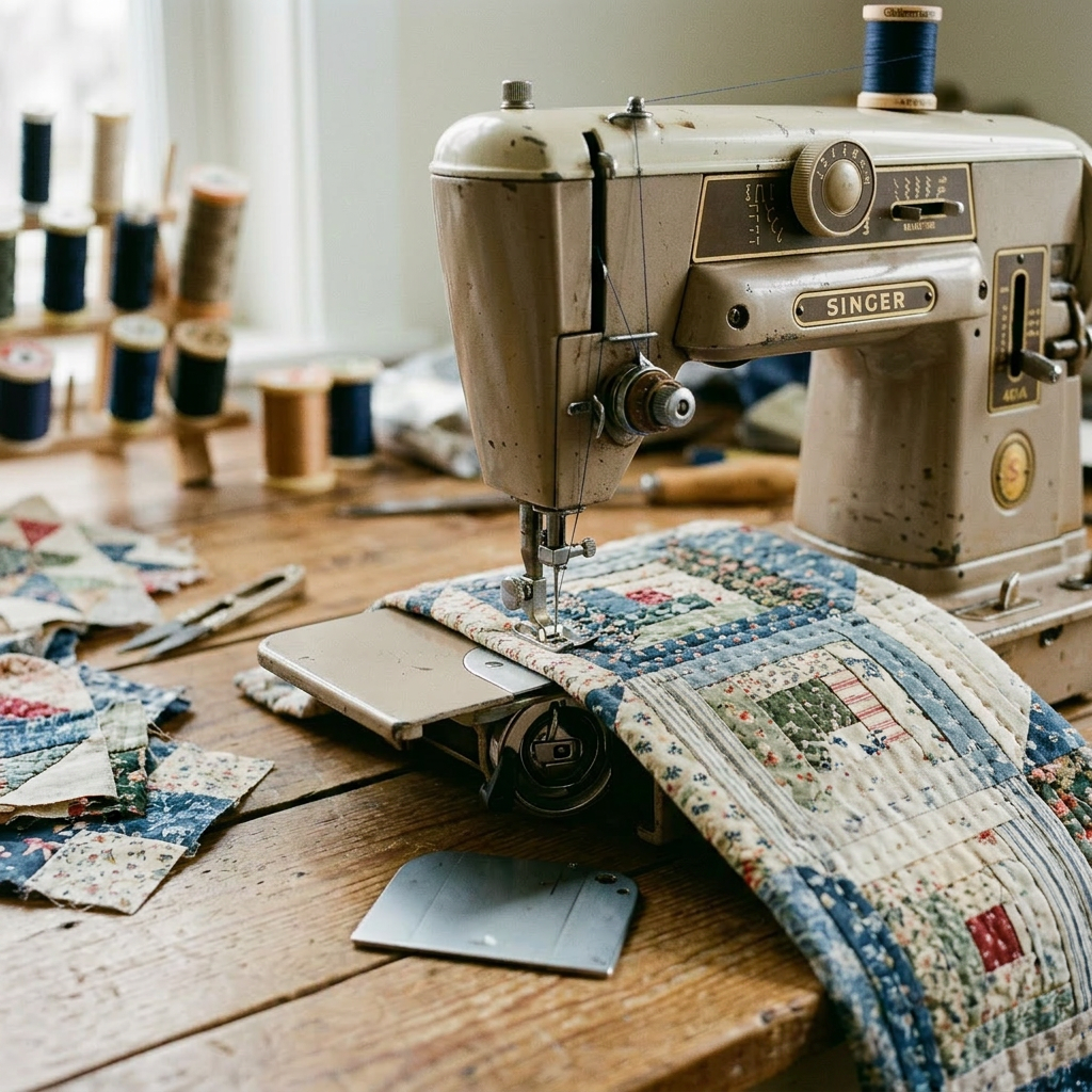 Vintage Singer sewing machine sewing blue denim fabric with spools of thread in background