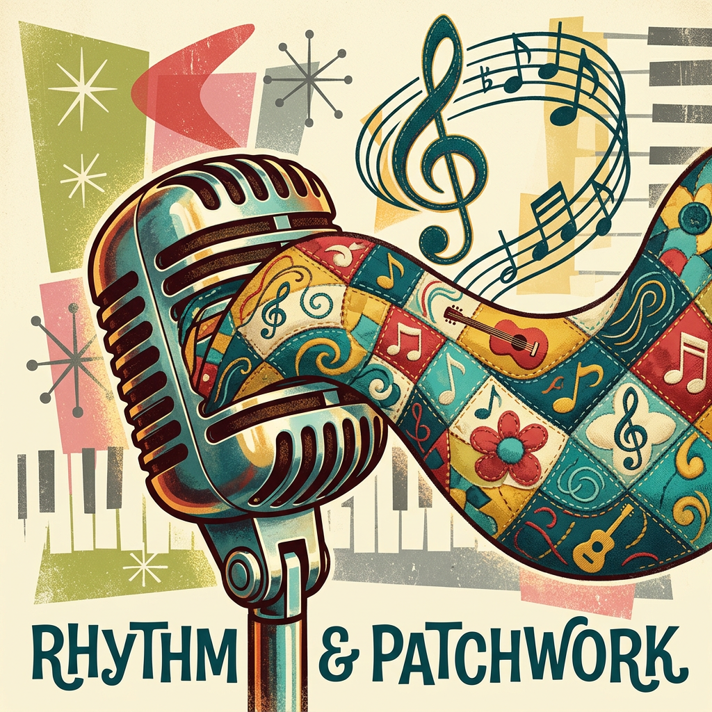 Retro microphone with patchwork quilt pattern and musical notes