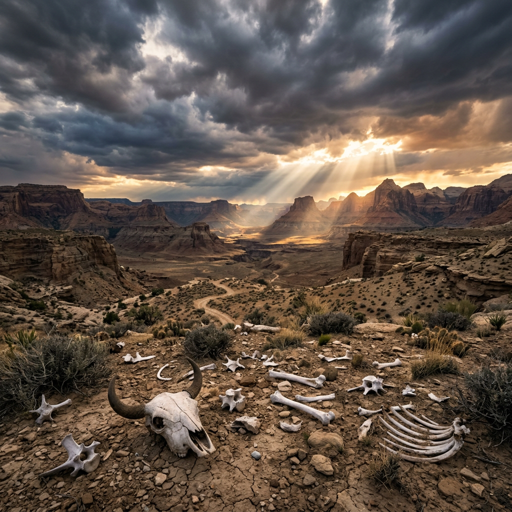 Desert valley with bones, dramatic clouds, light shafts