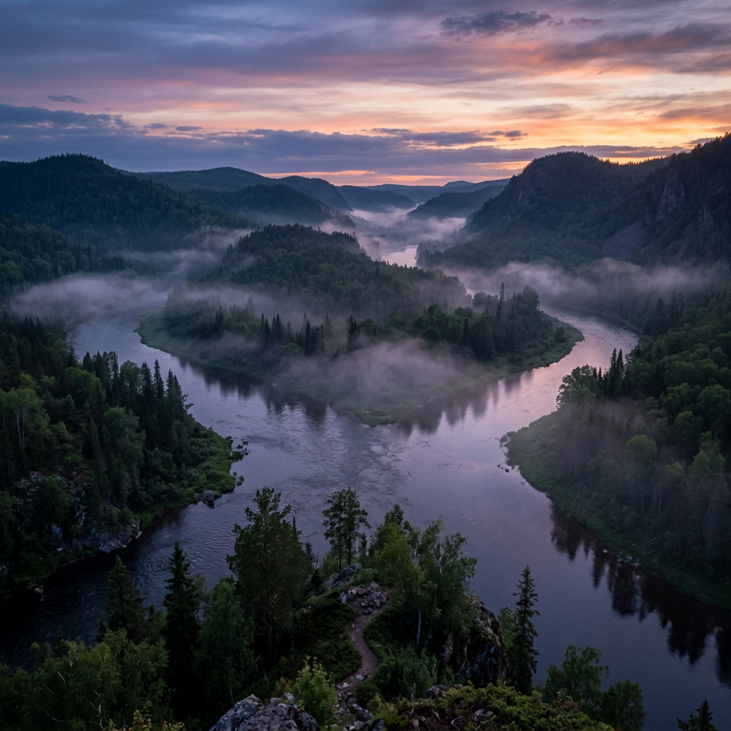 Meandering river through misty forested valley at dawn