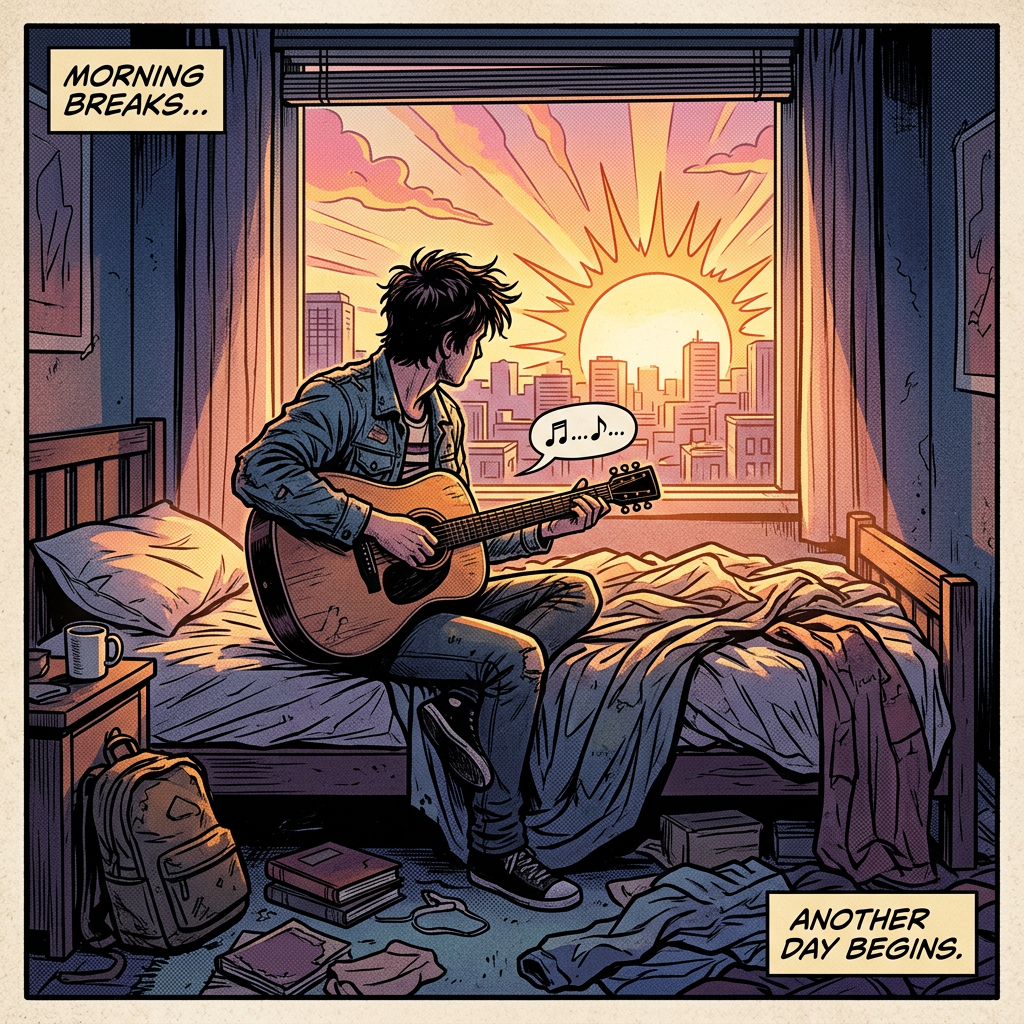 Person sitting on bed playing guitar looking at sunrise outside window