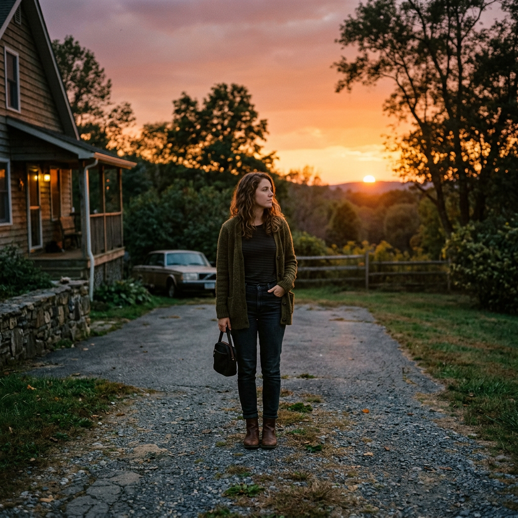 Woman standing on driveway near house at sunset with trees and a car in background