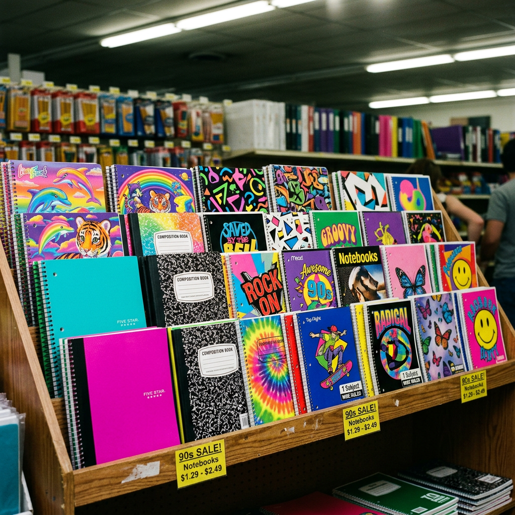 Shelf of colorful notebooks featuring 90s designs with sale signs
