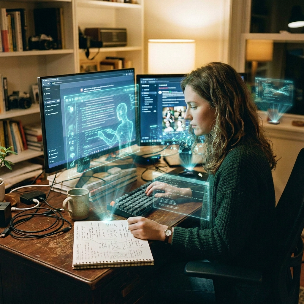 Woman coding with holographic programming interfaces projected from multiple screens