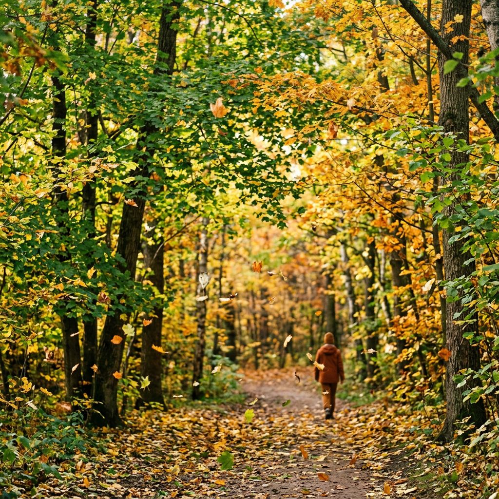 Person walking on a forest path surrounded by autumn foliage