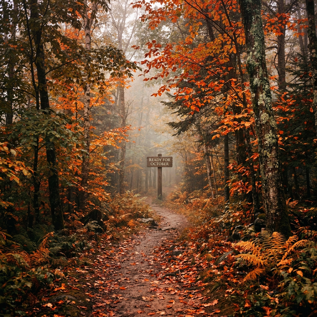 Forest trail in autumn with green and orange leaves under foggy sky