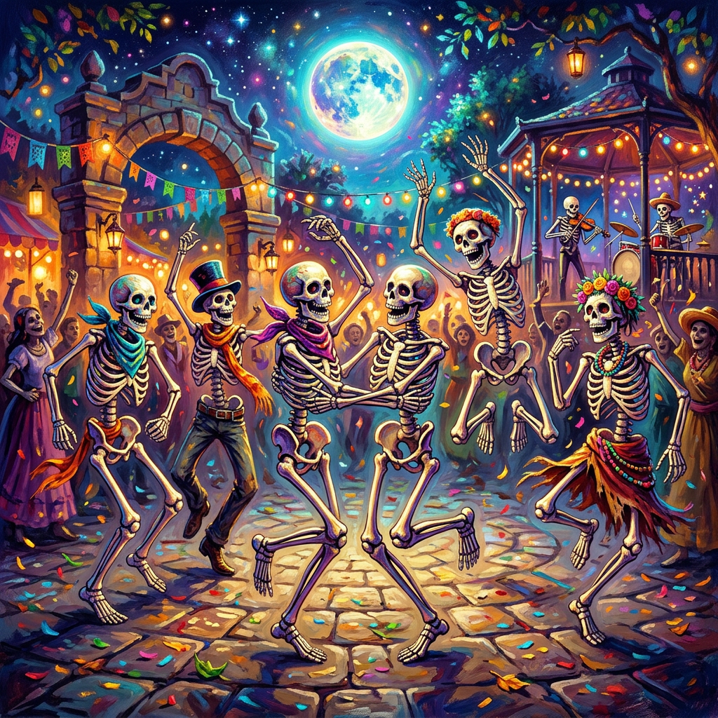 Skeletons dancing and celebrating under a full moon at a colorful festival